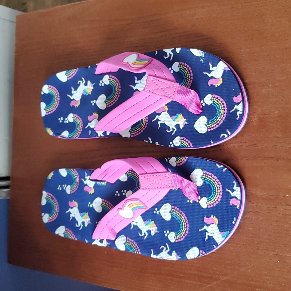 Unicorn,  Rainbow, Heart, blue and pink, flip-flops size 6